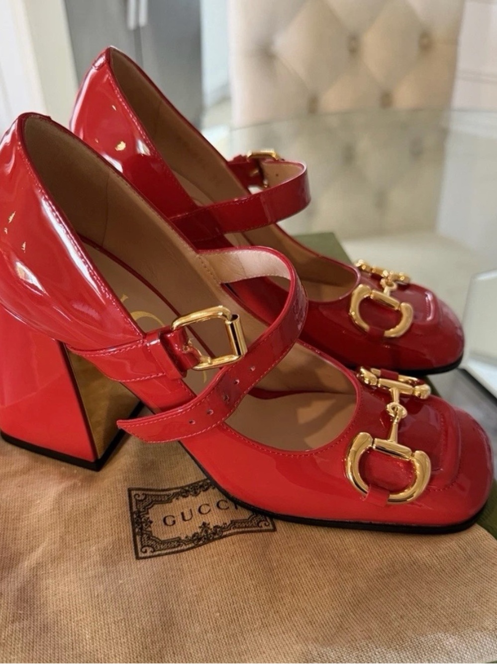 Gucci Red Patent Leather Mary Jane Block Heels with Gold Horsebit - Picture 2 of 8